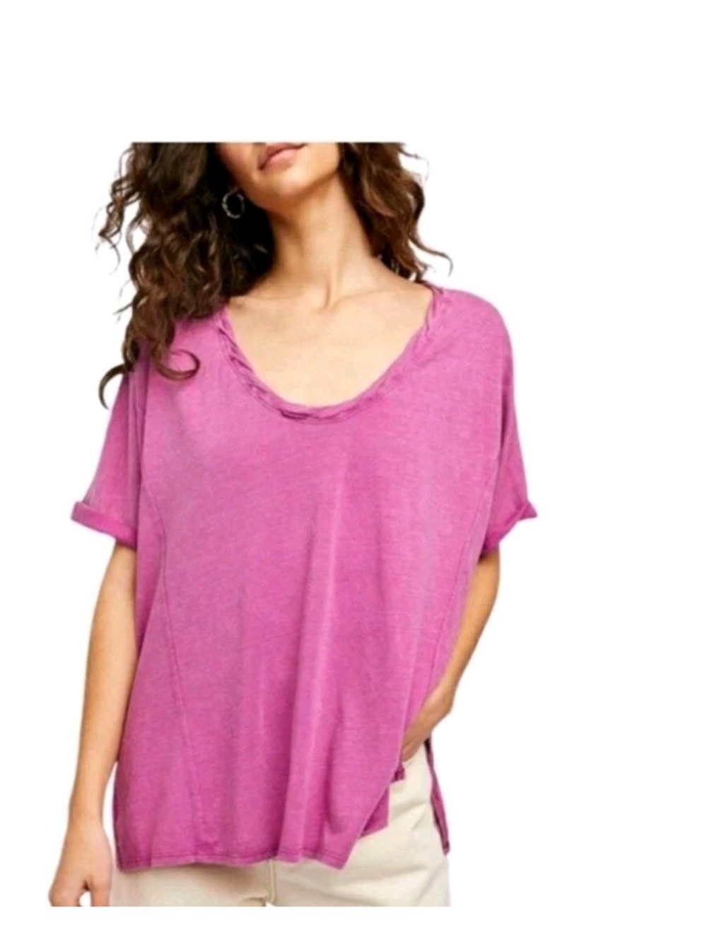 Free People Washed Magenta Relaxed V-Neck Tee